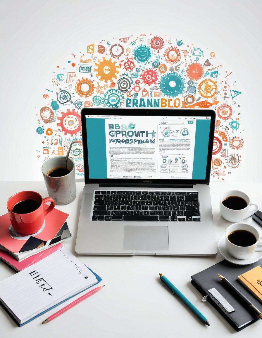 A dynamic workspace with a laptop displaying a vibrant blog interface, surrounded by motivational career visuals such as upward-pointing arrows and gears, symbolizing growth and opportunity. Include a coffee cup and notepad for a cozy touch. Bright and inviting colors to convey positivity. modern flat design. vibrant colors. white background.