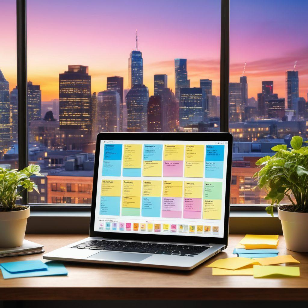 A dynamic workspace featuring a laptop displaying a blog dashboard, surrounded by colorful sticky notes with brainstorming ideas. A person is actively typing on the laptop while a large window reveals a city skyline, symbolizing career growth. Bright lighting and a plant on the desk add freshness to the scene. super-realistic. vibrant colors. modern design.