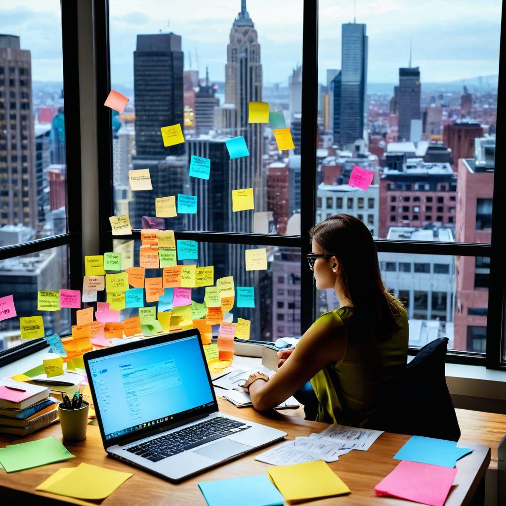 A person sitting at a modern desk, typing on a laptop with colorful sticky notes around them highlighting blog topics, surrounded by books on blogging and career development. A window in the background showing a bustling cityscape, symbolizing the job market. Bright and inspiring atmosphere, emphasizing growth and creativity. super-realistic. vibrant colors. 3D.